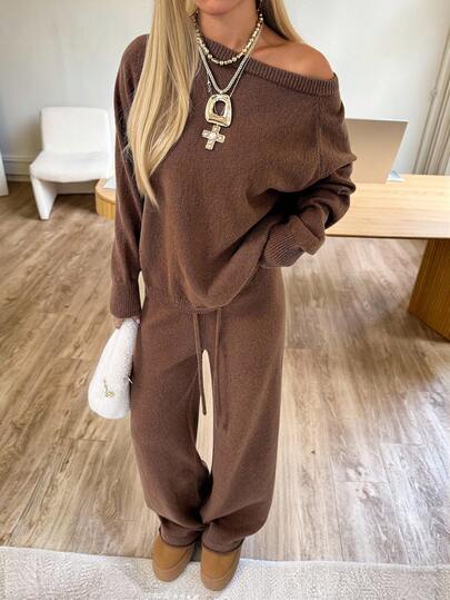 CovetEZ Women's Coffee Brown Autumn Casual Lounge Two Piece Set, Old Money Solid Round Neck Raglan Long Sleeve Sweater And Drawstring Waist Knit Pants Suit