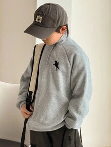 SHEIN Little Byeori 男童休闲宽松立领卫衣，适合通勤、上学、日常休闲穿着、运动以及秋冬季节穿着。 - 灰色 - 查看 4