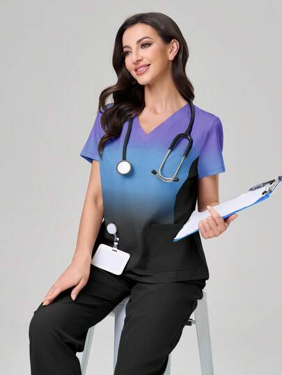 TaskEZ Ombre V-Neck Short Sleeve Pocket Top And Pants Scrub Uniform Set