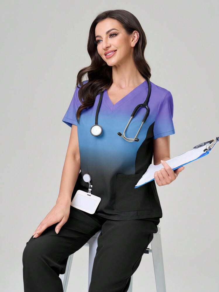 TaskEZ Conjunto de uniforme de pijama con cuello en V degradado, manga corta y bolsillo - Multicolor - Añade 1