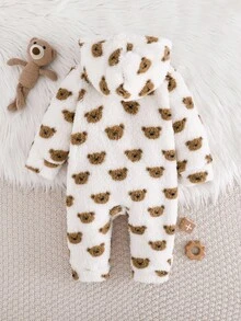 SHEIN 男婴熊图案双面羊毛连帽连体衣，厚款，适合秋冬季 - 彩色 - 查看 3