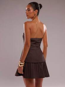 SHEIN BAE Váy mini xếp ly trơn màu thanh lịch dành cho nữ, mùa hè - Cà phê nâu - Xem 2