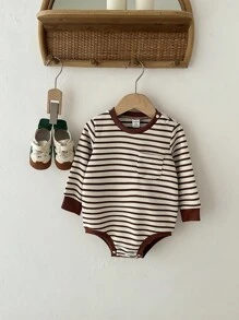 SHEIN 男婴休闲可爱条纹圆领长袖连体衣，适合秋冬季穿着，外出和日常穿着皆宜。 - 杏色 - 查看 3