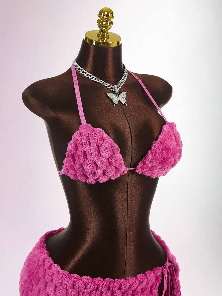 Amplova 女式性感毛茸茸吊带上衣和开衩迷你裙两件套 - 粉色 - 查看 6