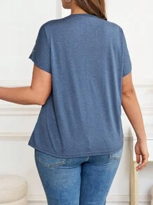 SHEIN Clasi Plus Size Solid Color Hollow Out Lace Patches T-Shirt - Teal Blue - View 2