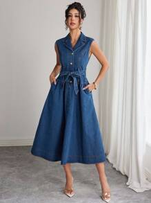 Elenzga 女士休闲无袖牛仔连衣裙，夏季 - 深色水洗藍 - 查看 3