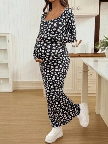 SHEIN Abito lungo aderente casual con stampa floreale ditsy per gravidanza - nero - Visualizzare 3
