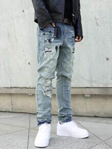 Manfinity EMRG 男式水洗做旧修身牛仔裤 - 淺色水洗藍 - 查看 6