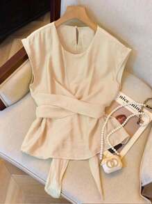 SHEIN Frenchy 女式前系带纯色圆领休闲衬衫