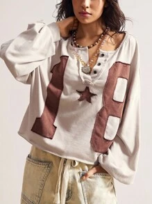 Bohemela Áo nỉ rộng rãi, cổ điển, cài nút chữ cỡ lớn, khóa kéo nửa vai, mùa thu - Màu Khaki - Xem 3