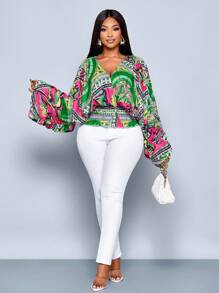 SOLERSUN Plus Size Women's Casual V-Neck Loose Floral Print Long Sleeve Blouse, Versatile Top For Commuting, Dating, Office, Vacation - Green - View 6