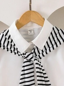 青少年女孩衬衫套装，时尚三件套：白色梭织衬衫、黑色百褶裙 + 黑白条纹披肩，适合上学季节和休闲日常穿着 - 黑色 - 查看 3