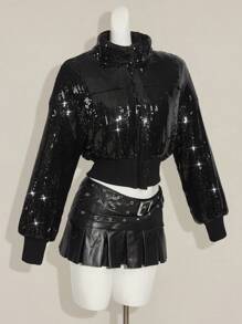 SHEIN ICON 女士性感街头亮片立领短款宽松夹棉大衣 - 黑色 - 查看 6