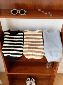 3 件套幼儿男孩/女孩加厚条纹纯色圆领运动衫，舒适休闲基本日常服装，适合室内、户外、日常穿着、运动、派对、拍照、节日、街头服饰、运动服、返校、圣诞节、新年