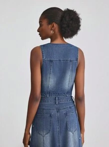 Slaydiva Women's Summer Fashion Washed Rhinestone Decor Denim Vest - Blue - View 2