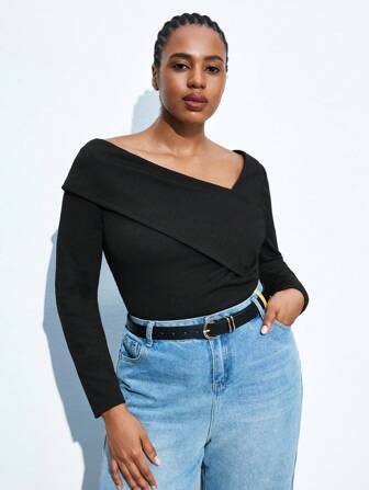 Maija 大码女式黑色纯色不对称领长袖弹力 T 恤，休闲简约日常穿着