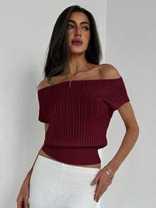 Aloruh Camiseta de mujer de punto texturizado, ajustada a la cintura, con hombros descubiertos, de estilo minimalista y elegante - Granate - Ver 3