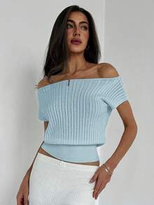 Aloruh 简约优雅露肩纹理针织修身腰女式T恤 - 淺藍色 - 查看 3
