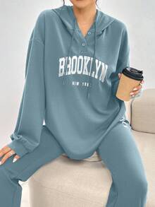 Veilorie 2pcs Women Casual Letter Print Drawstring Hooded Sweatshirt And Pants Set, Autumn 2 Pieces Set - Blue - View 4