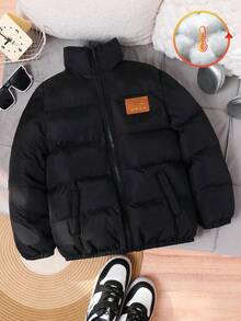 1 Piece Tween Boy Leisure Sports College Literary Retro With Grab Velvet Lining Mid-Length Padded Coat,Suitable For Daily Use,Sports,In Fall/Winter - Black - View 4