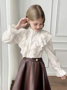 SHEIN بلوزة أنيقة وناعمة بأكمام واسعة مزخرفة بالجاكار ذات طوق عالي مع كشكشة، لون المشمش، مناسبة للارتداء اليومي والعودة للمدرسة - لون مشمشي - مشاهدة 7