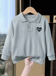 Genkimix Kids Young Girl Casual Long Sleeve Textured Fabric Embroidered Heart Polo Neck Sweatshirt - Grey - View 5