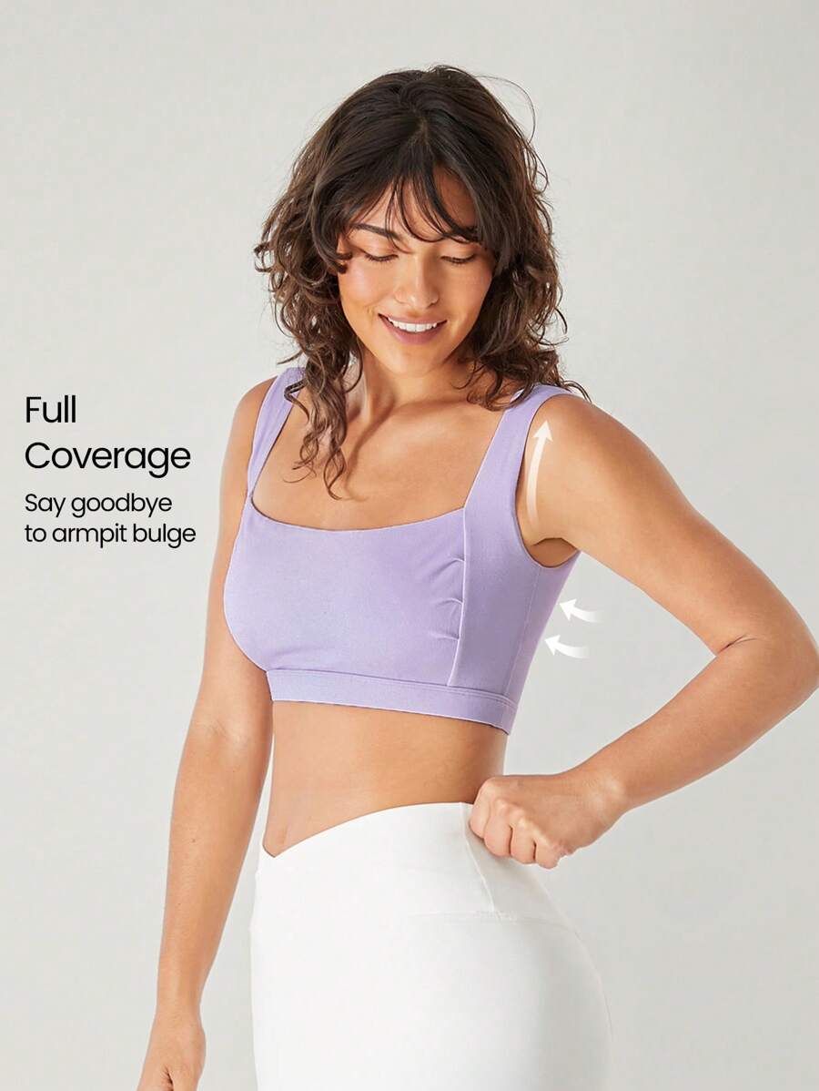 GLOWMODE FeatherFit™ Full Underarm Coverage Pleated Side Seam Open U Back Sports Bra Low Impact Yoga Daily Removable Cups - Lavender Haze - View 1