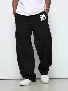 Manfinity EMRG 男士休闲百搭字母印花抽绳腰运动裤 - 黑色 - 查看 3