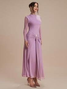 Modelyn Metal Decor Knit Comfortable Daily Party Elegant Vacation Dress, Long Sleeve - Purple - View 5