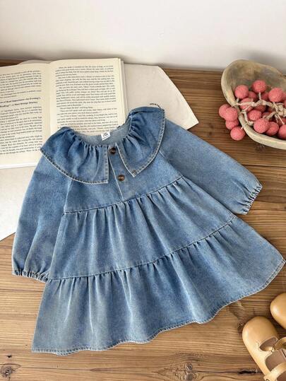 Vintaside Kids Babygirl Infant/Baby Girl Collared Long Sleeve Fashionable High-End Denim Wash Dress, Suitable For Mild Weather, Perfect For Keeping Baby Warm In Cooler Months. The Design Is Both Practical And Stylish, Ideal For Everyday Wear Fall Winter