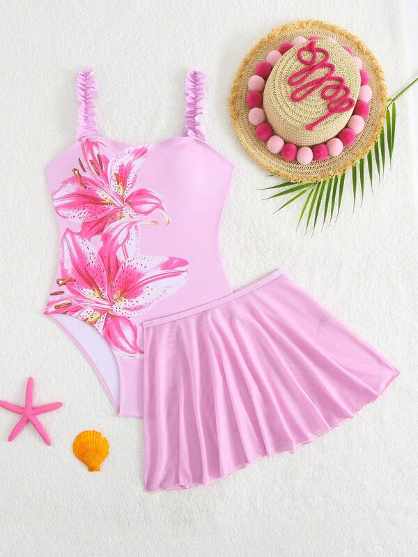 SHEIN Tween Girl Floral Print Spaghetti Strap One-Piece Swimsuit With Solid Color Mesh Skirt