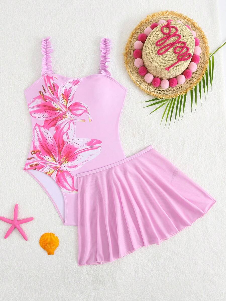 SHEIN Tween Girl Floral Print Spaghetti Strap One-Piece Swimsuit With Solid Color Mesh Skirt