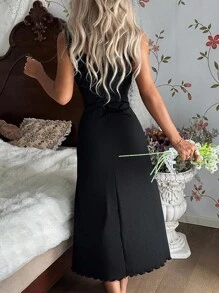 SHEIN فستان نوم طويل للنساء مع إدراج طوق من الدانتيل، ملابس نوم مريحة من الحياكة المحبوكة