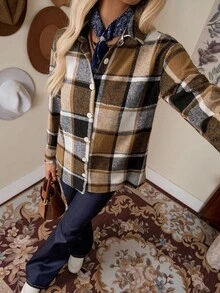 LanaWest 格子印花纽扣前开襟女式衬衫，长袖上衣 - 卡其色 - 查看 1