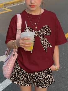 SHEIN Vintage Leopard Print Bow Decor, Teen Girl Casual Minimalist Loose Fit Round Neck Short Sleeve T-Shirt And Shorts 2 Pieces Set, Suitable For Spring/Summer - Multicolor - View 1