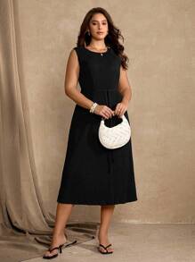 Roveilla Rochie lungă elegantă pentru femei, mărime plus, cu guler rotund, talie strânsă, fără mâneci, stil navetist