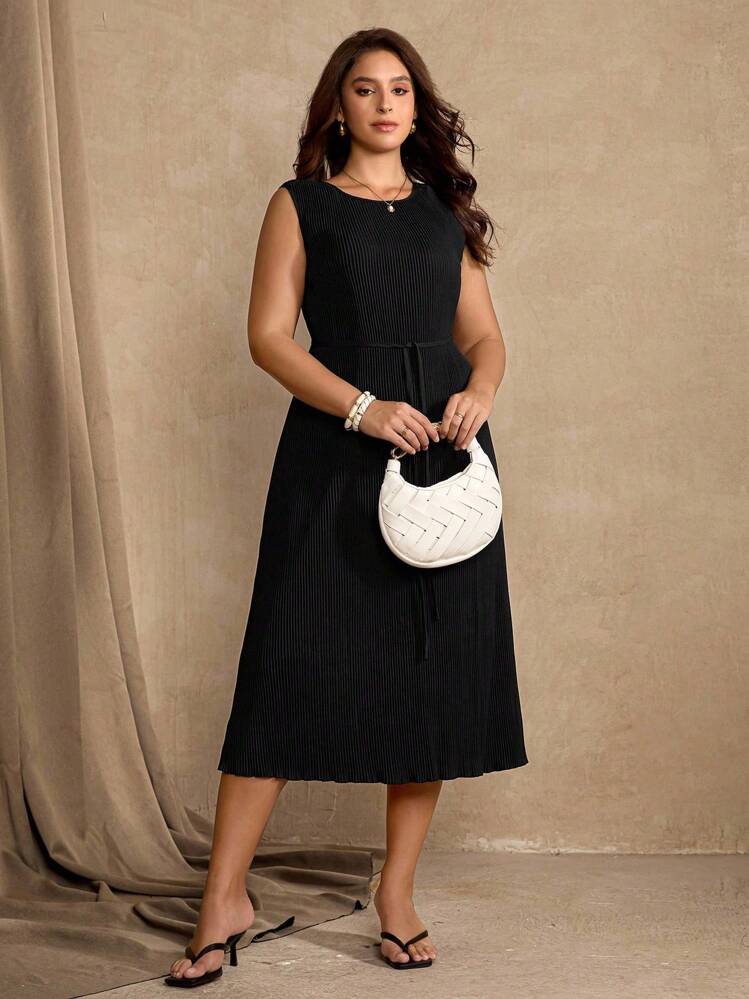 Roveilla 大码女式优雅圆领束腰无袖长连衣裙，通勤风格 - 黑色 - 查看 4