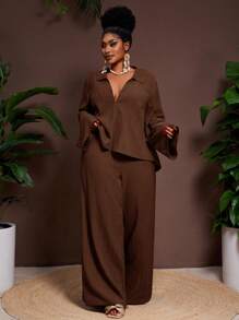 Veslaya 2025 New Spring/Fall Solid Color Jam Color V-Neck Solid Shirt With Flared Sleeves And Wide Leg Pants Set,Fall Clothes For Women - Brown - View 6