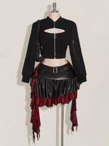 SHEIN ICON 大码翻盖口袋拉链超短款夹克（不含吊带背心） - 黑色 - 查看 9