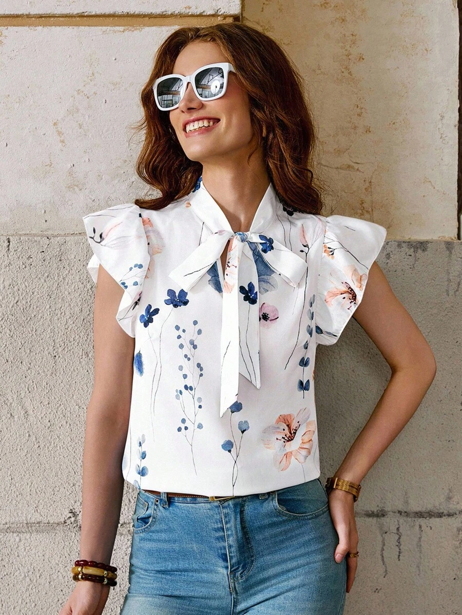 Solivie Women's Fitted Shirt With Romantic Blue & White Floral Print, Tie Neck Bow And Ruffle Short Sleeves, Spring/Summer Casual Tops Women Bow Summer Outfits For Women Spring Outfits For Women - Blue and White - View 1