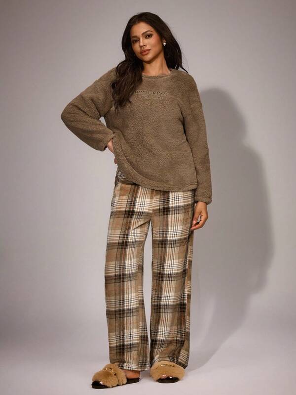SHEIN Women's Plush Brown Embroidered Round Neck Long Sleeve Top & Plaid Pants Fluffy Pajama Set, Winter Plaid Fluffy Pajama Sets Fall Clothes, Cozy Outfit