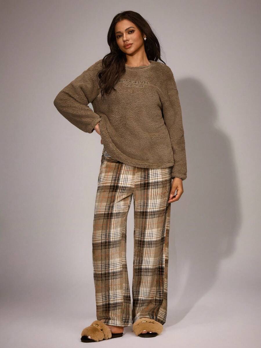 SHEIN Women's Plush Brown Embroidered Round Neck Long Sleeve Top & Plaid Pants Fluffy Pajama Set, Winter Plaid Fluffy Pajama Sets Fall Clothes, Cozy Outfit - Khaki - View 1