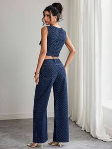 Elenzga Conjunto de chaleco y pantalones de mezclilla de moda para mujer, para verano - Azul lavado oscuro - Ver 2