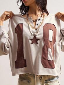 Bohemela Áo nỉ rộng rãi, cổ điển, cài nút chữ cỡ lớn, khóa kéo nửa vai, mùa thu - Màu Khaki - Xem 6