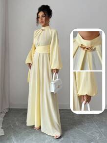 Selianne 女士优雅休闲中长连衣裙，法式浪漫西西里风格，纯色柔和黄色，立领，褶袖，腰带，松紧后腰，仿金属装饰，适合通勤、度假、下午茶、派对 - 淡黃色 - 查看 1