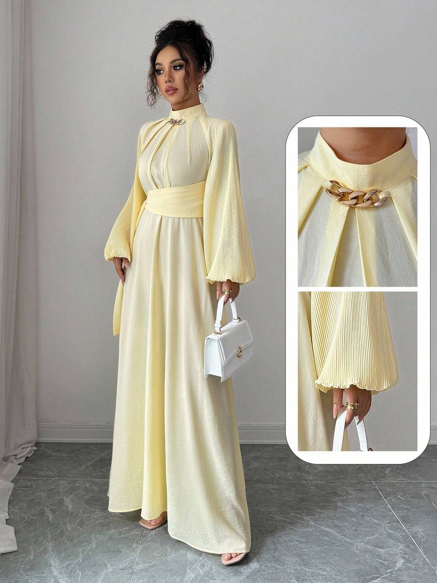 Selianne 女士优雅休闲中长连衣裙，法式浪漫西西里风格，纯色柔和黄色，立领，褶袖，腰带，松紧后腰，仿金属装饰，适合通勤、度假、下午茶、派对 - 淡黃色 - 查看 1