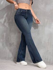 SHEIN ICON 冬季加大码女式复古弹力修身喇叭牛仔裤，百搭牛仔竞技风格