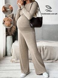 MaterniWear Maternity Nursing Crewneck Long Sleeve Knit T-Shirt & Adjustable Waist Straight-Leg Pants Casual 2 Pieces Suit, Loose Fit, Suitable As Gift, Autumn Fall Clothes
