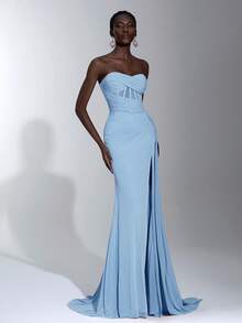 Elegant Dusty Pink Bandeau Ruched Waist Fishtail Mesh Ruffle High Slit Side Draped Maxi Dress, Suitable For Spring/Summer Dating, Vacation, Party, Wedding, Graduation, Formal Occasion - Baby Blue - View 5