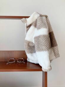 SHEIN 男女通用婴儿格子毛绒立领拉链夹克，可爱百搭，秋冬婴儿服装 - 彩色 - 查看 8